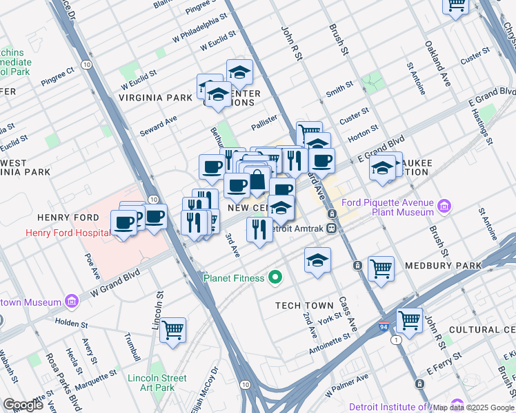 map of restaurants, bars, coffee shops, grocery stores, and more near 3011 East Grand Boulevard in Detroit