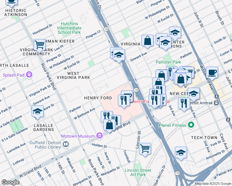 map of restaurants, bars, coffee shops, grocery stores, and more near 1350 West Bethune Street in Detroit