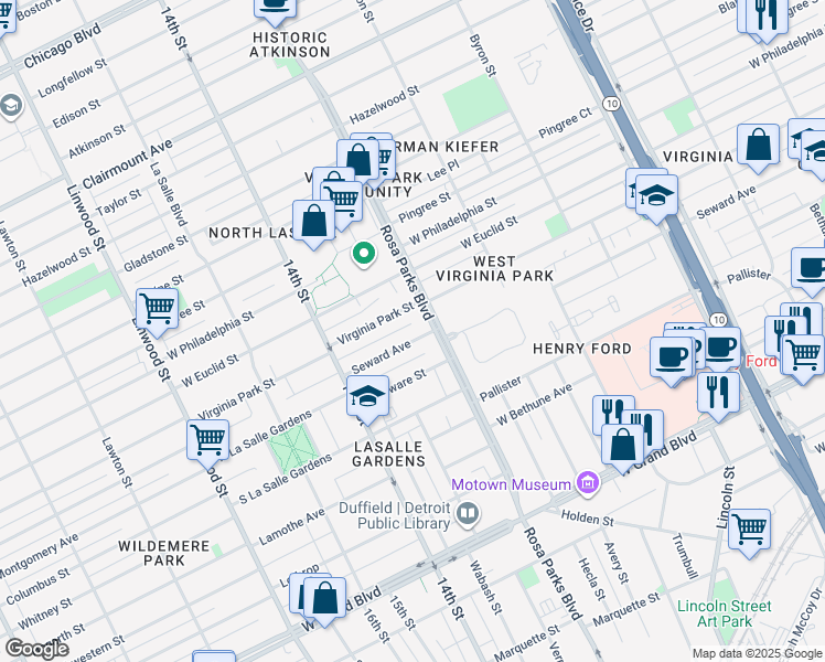 map of restaurants, bars, coffee shops, grocery stores, and more near 1948 Seward Avenue in Detroit