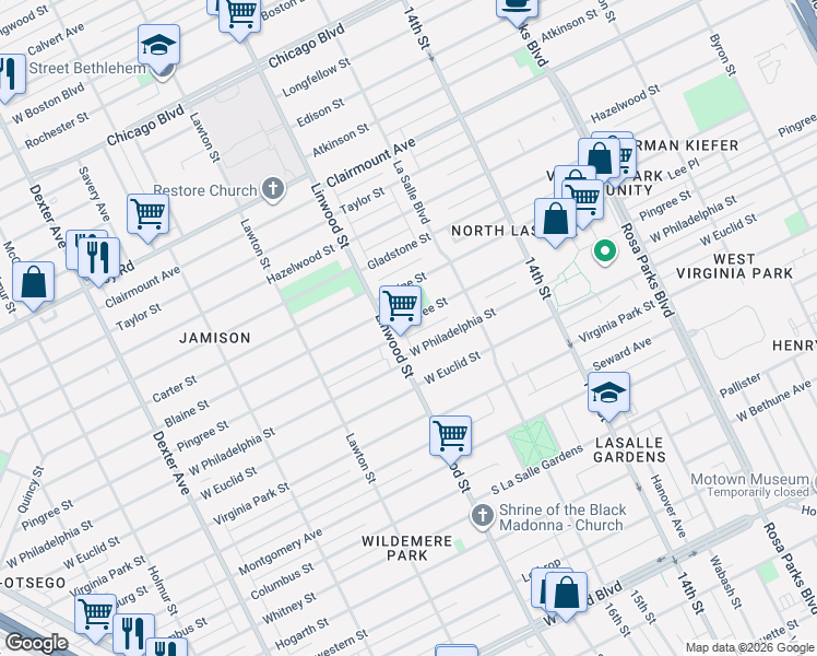 map of restaurants, bars, coffee shops, grocery stores, and more near 2525 Pingree Street in Detroit