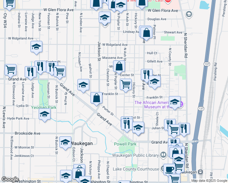 map of restaurants, bars, coffee shops, grocery stores, and more near 702 Franklin Street in Waukegan