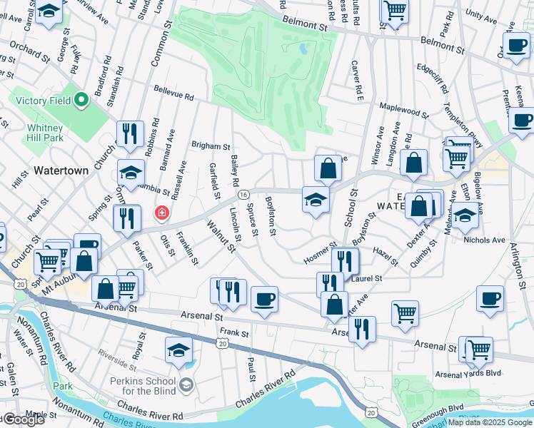 map of restaurants, bars, coffee shops, grocery stores, and more near 33 Boylston Street in Watertown