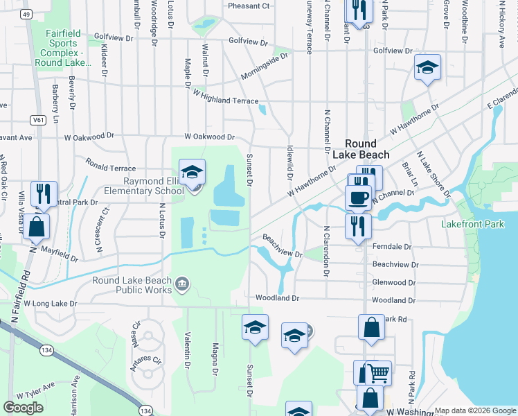 map of restaurants, bars, coffee shops, grocery stores, and more near 528 West Hawthorne Drive in Round Lake Beach