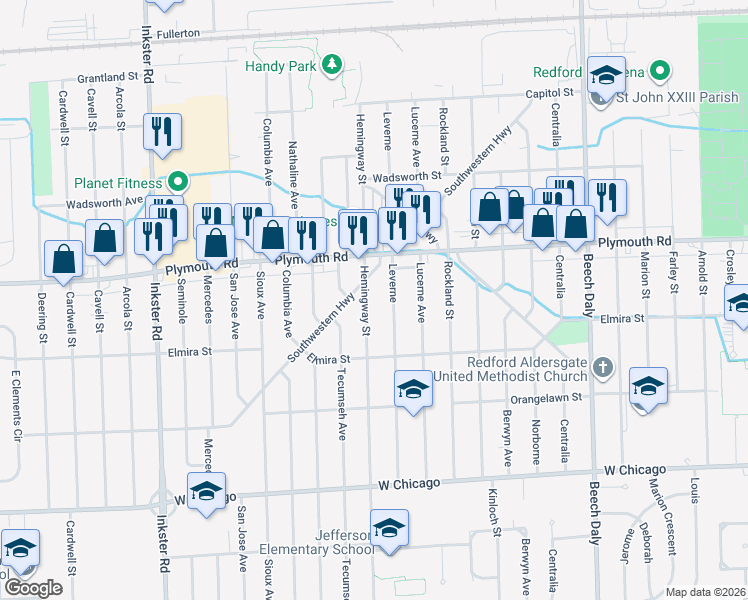 map of restaurants, bars, coffee shops, grocery stores, and more near 11426 Hemingway in Redford Charter Township