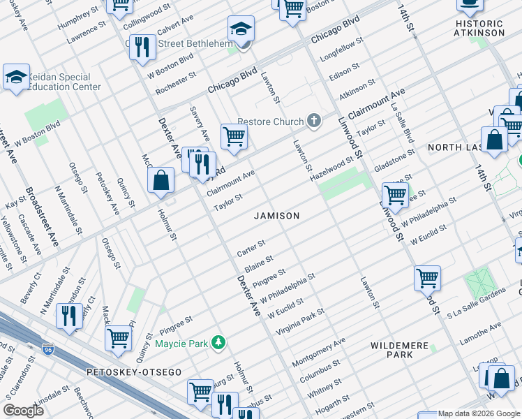 map of restaurants, bars, coffee shops, grocery stores, and more near 3236 Hazelwood Street in Detroit