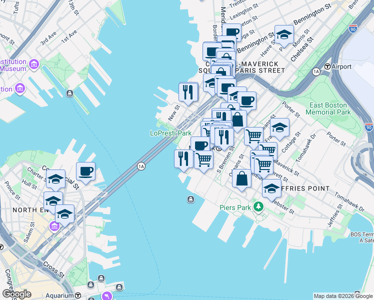 map of restaurants, bars, coffee shops, grocery stores, and more near 113 Sumner Street in Boston