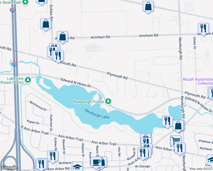 map of restaurants, bars, coffee shops, grocery stores, and more near 11569 Plymouth Woods Drive in Livonia