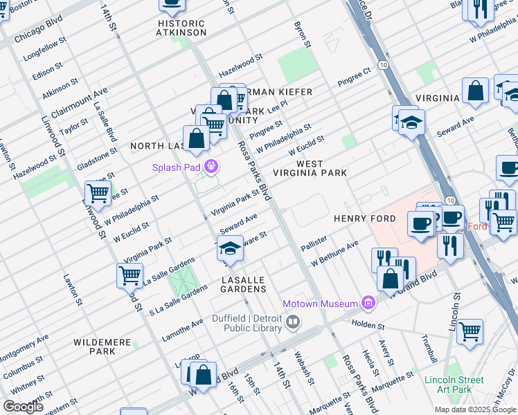 map of restaurants, bars, coffee shops, grocery stores, and more near 1948 Seward Avenue in Detroit