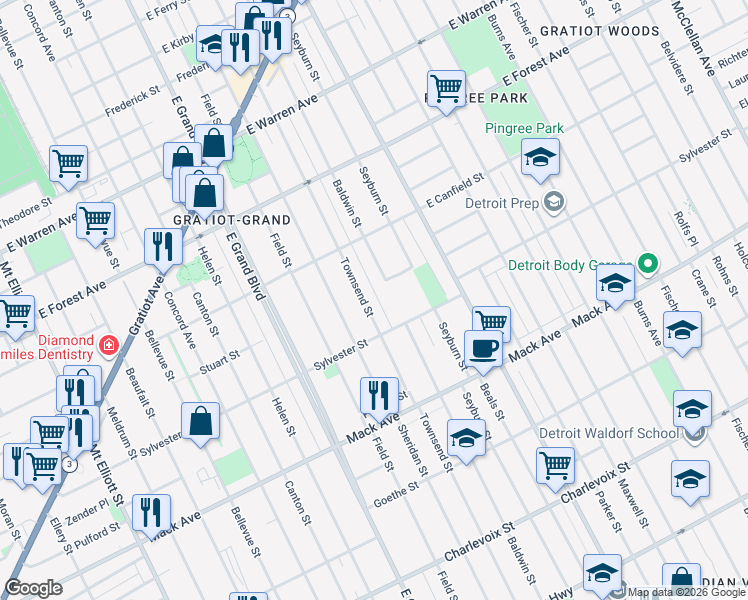 map of restaurants, bars, coffee shops, grocery stores, and more near 3976 Townsend Street in Detroit