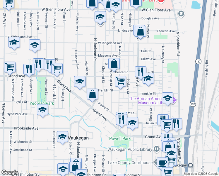 map of restaurants, bars, coffee shops, grocery stores, and more near 702 Franklin Street in Waukegan