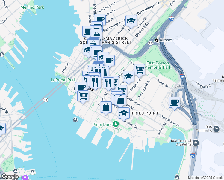 map of restaurants, bars, coffee shops, grocery stores, and more near 89 Orleans Street in Boston