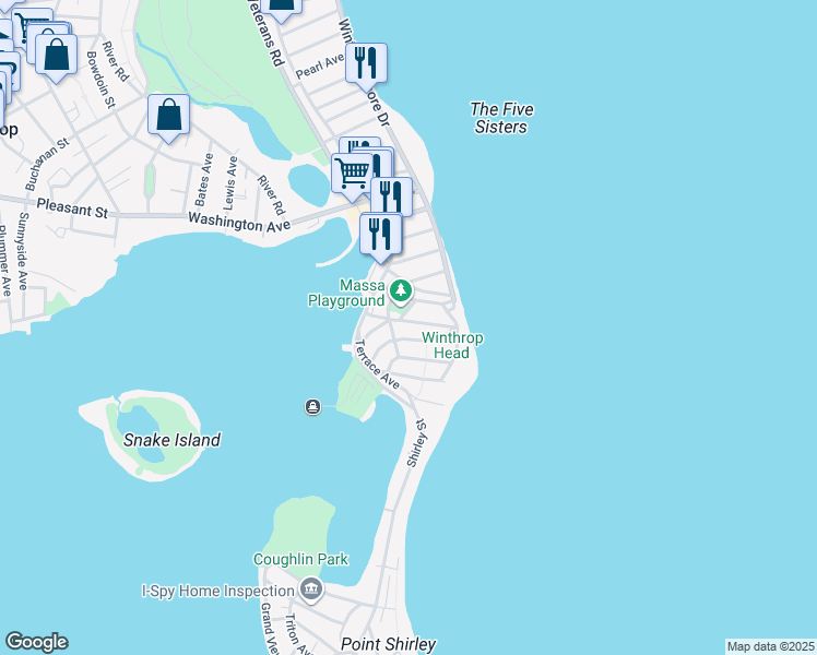 map of restaurants, bars, coffee shops, grocery stores, and more near 47 Crystal Cove Avenue in Winthrop