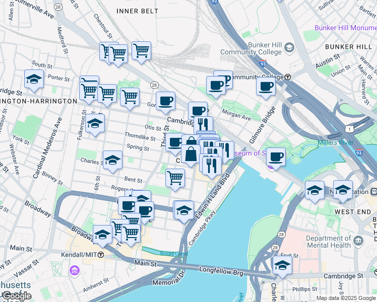 map of restaurants, bars, coffee shops, grocery stores, and more near 51 First Street in Cambridge