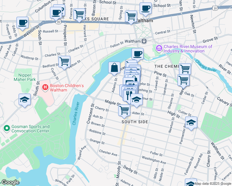 map of restaurants, bars, coffee shops, grocery stores, and more near 40 Chestnut Street in Waltham