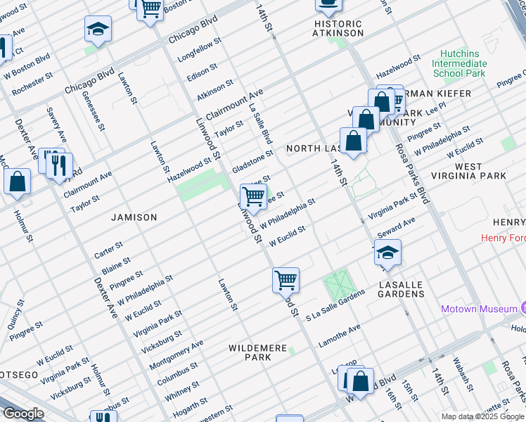 map of restaurants, bars, coffee shops, grocery stores, and more near 2525 Pingree Street in Detroit