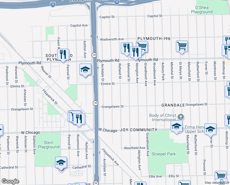 map of restaurants, bars, coffee shops, grocery stores, and more near 9998 Longacre Street in Detroit