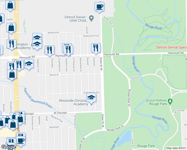 map of restaurants, bars, coffee shops, grocery stores, and more near 10057 Chatham Street in Redford Charter Township