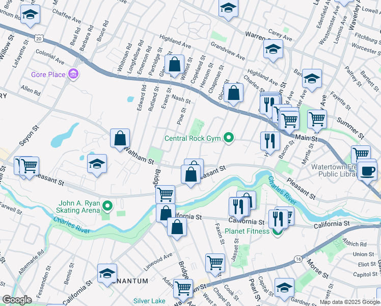 map of restaurants, bars, coffee shops, grocery stores, and more near 26 Brandley Road in Watertown
