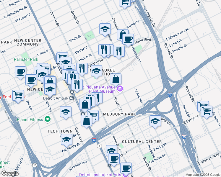 map of restaurants, bars, coffee shops, grocery stores, and more near 6269 Brush Street in Detroit
