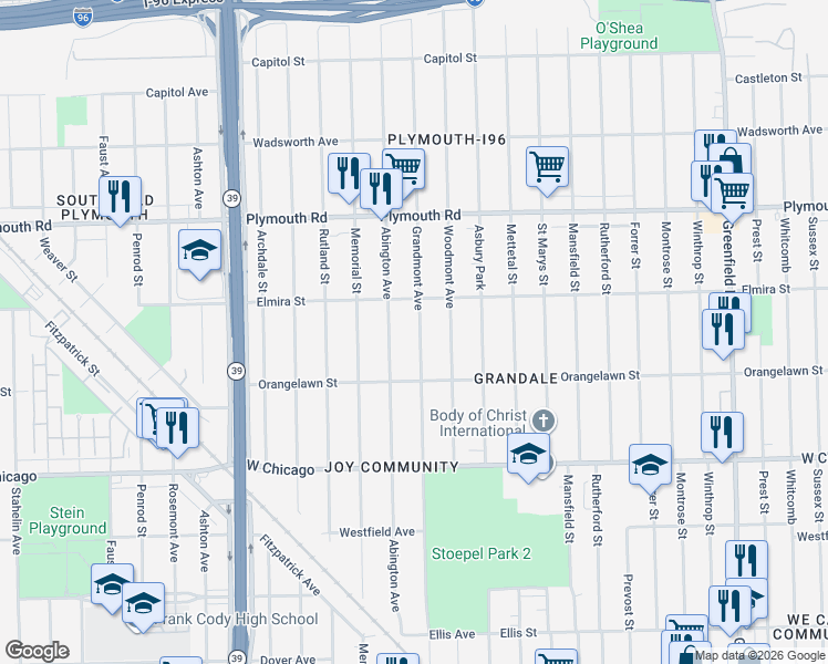 map of restaurants, bars, coffee shops, grocery stores, and more near 9993 Grandmont Avenue in Detroit