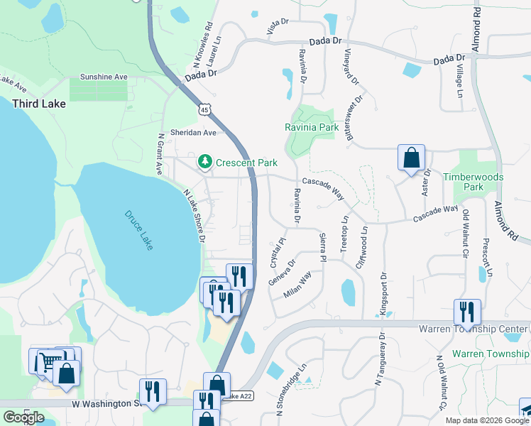 map of restaurants, bars, coffee shops, grocery stores, and more near 692 Sierra Place in Gurnee