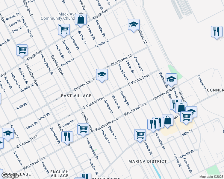 map of restaurants, bars, coffee shops, grocery stores, and more near 2512 Saint Clair Street in Detroit