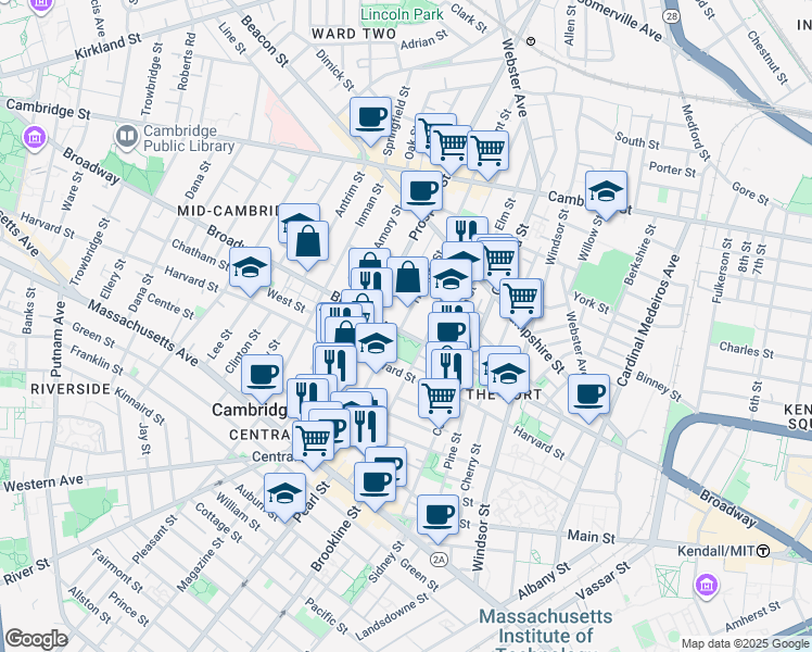 map of restaurants, bars, coffee shops, grocery stores, and more near 305 Broadway in Cambridge
