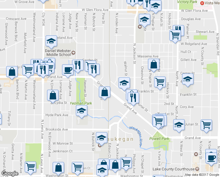 map of restaurants, bars, coffee shops, grocery stores, and more near 1130 Grand Avenue in Waukegan