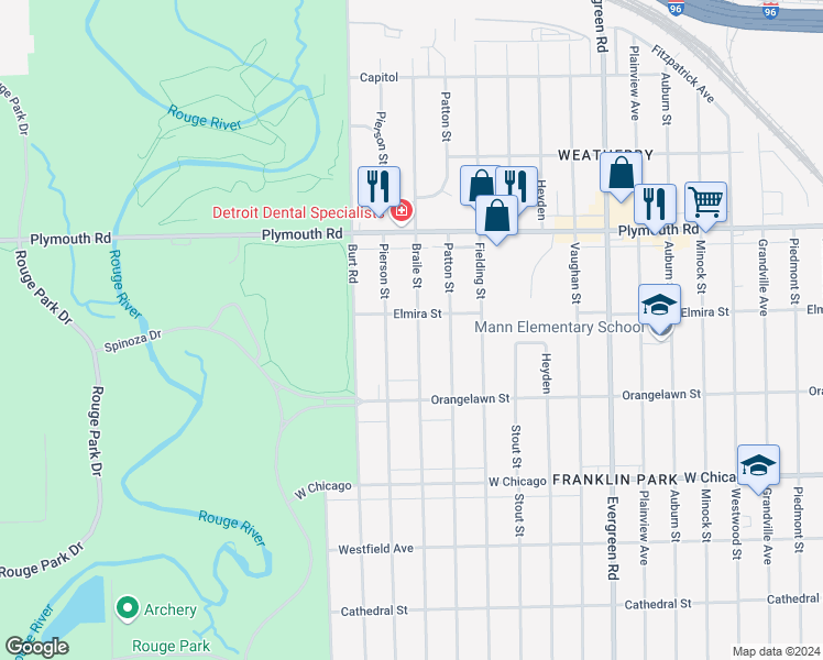 map of restaurants, bars, coffee shops, grocery stores, and more near 10033 Braile St in Detroit