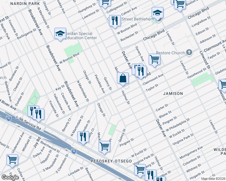 map of restaurants, bars, coffee shops, grocery stores, and more near 4058 Joy Road in Detroit