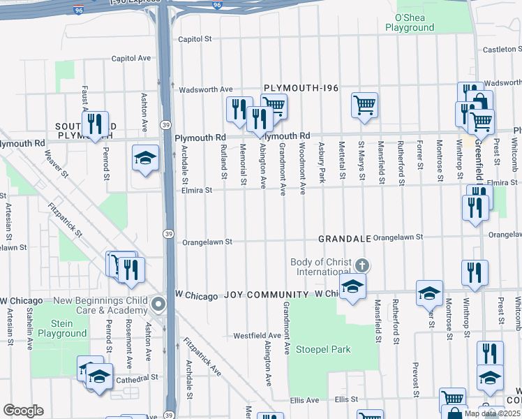 map of restaurants, bars, coffee shops, grocery stores, and more near 9995 Abington Avenue in Detroit