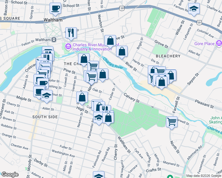 map of restaurants, bars, coffee shops, grocery stores, and more near 13-15 Cedar Street in Waltham