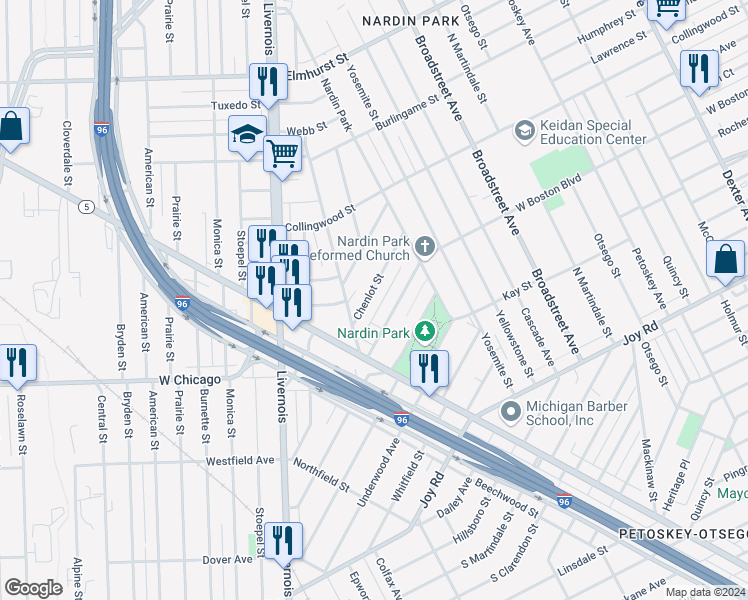 map of restaurants, bars, coffee shops, grocery stores, and more near 9770 Chenlot Street in Detroit
