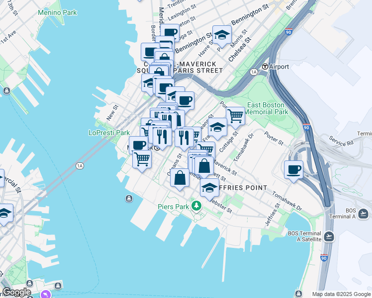 map of restaurants, bars, coffee shops, grocery stores, and more near 89 Orleans Street in Boston