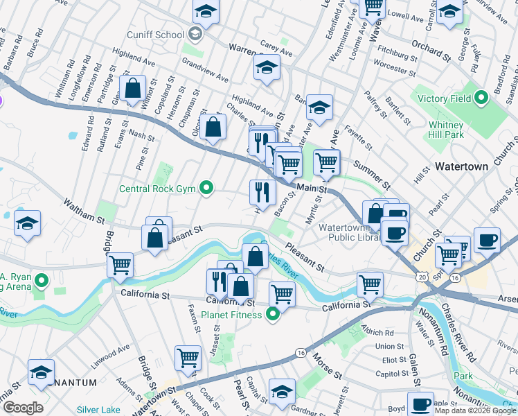 map of restaurants, bars, coffee shops, grocery stores, and more near 51 Howard Street in Watertown