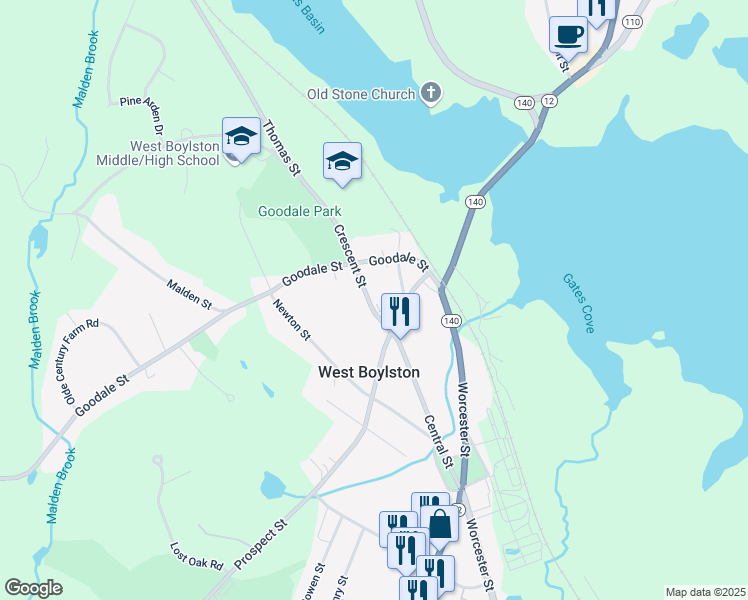 map of restaurants, bars, coffee shops, grocery stores, and more near 18 Crescent Street in West Boylston