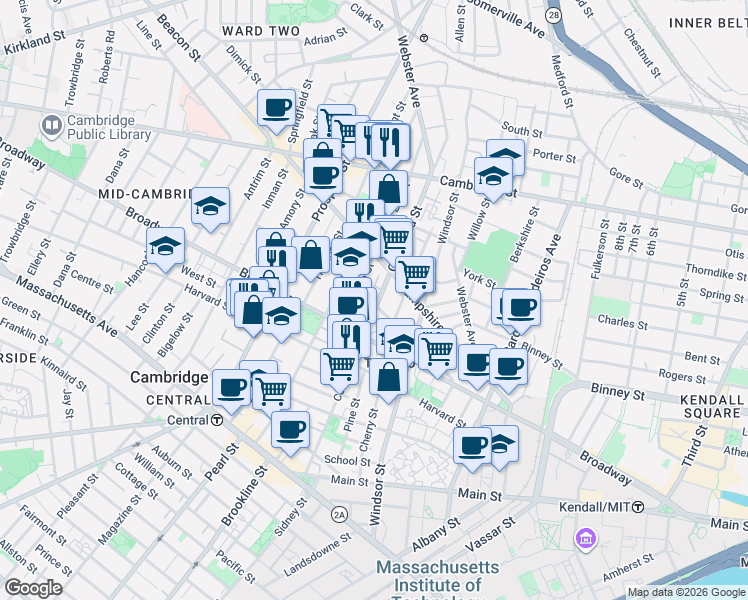 map of restaurants, bars, coffee shops, grocery stores, and more near 235 Columbia Street in Cambridge