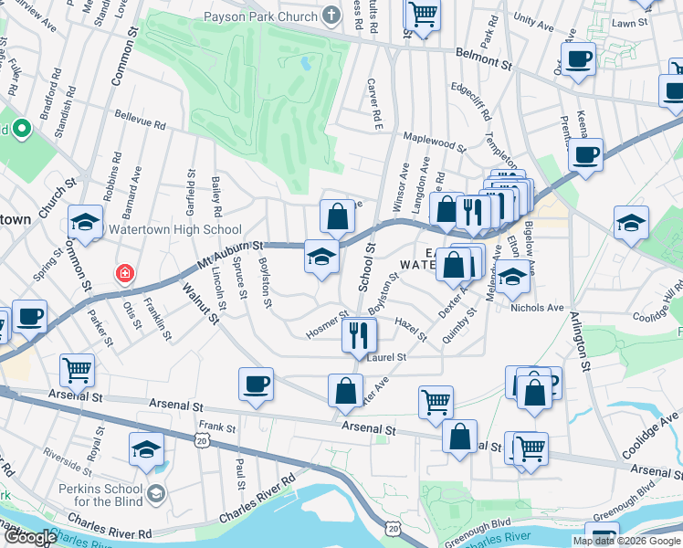map of restaurants, bars, coffee shops, grocery stores, and more near Chauncey Street in Watertown