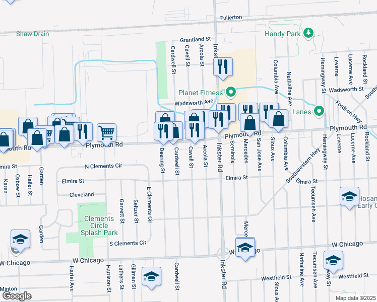 map of restaurants, bars, coffee shops, grocery stores, and more near 11565 Cavell Street in Livonia