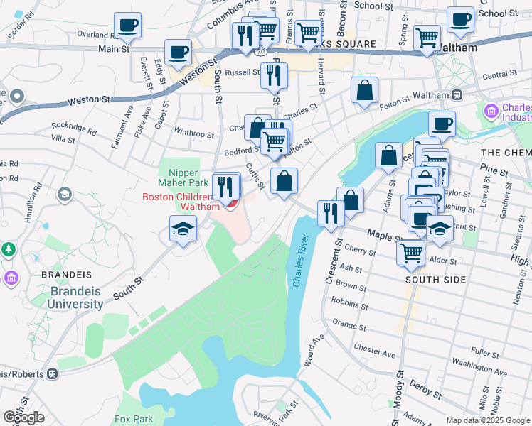 map of restaurants, bars, coffee shops, grocery stores, and more near 70 Hope Avenue in Waltham