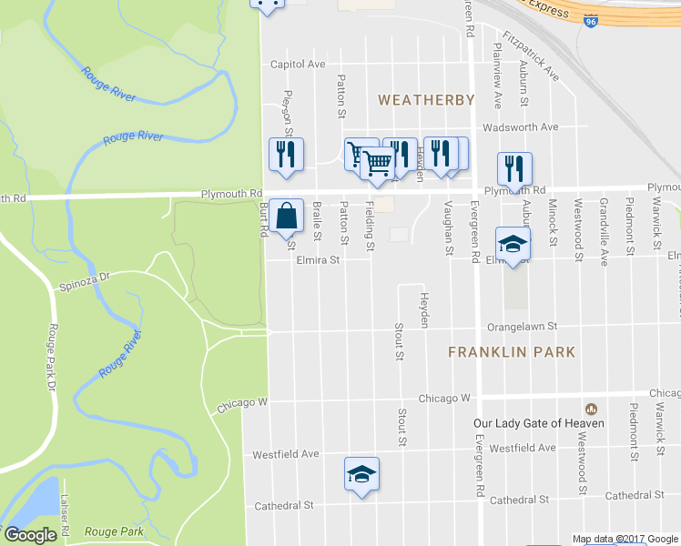 map of restaurants, bars, coffee shops, grocery stores, and more near 10033 Patton Street in Detroit