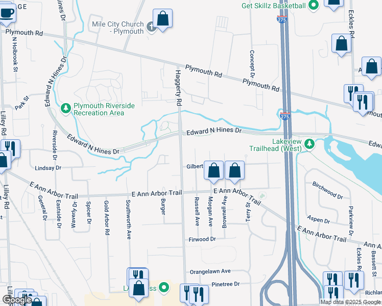 map of restaurants, bars, coffee shops, grocery stores, and more near 11850 North Haggerty Road in Plymouth