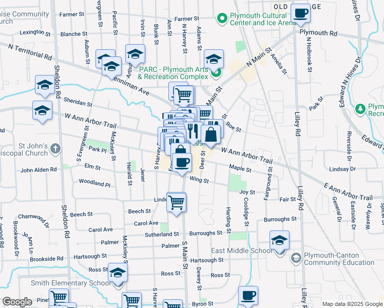 map of restaurants, bars, coffee shops, grocery stores, and more near 485 South Main Street in Plymouth