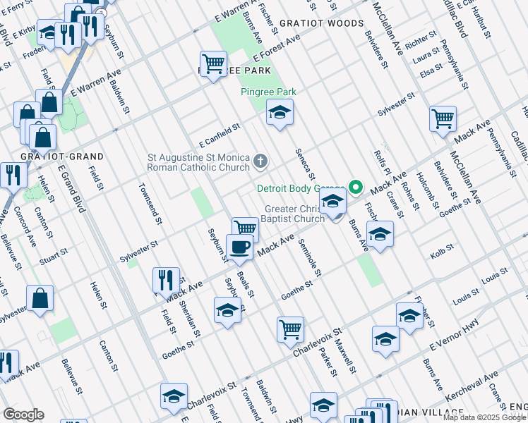 map of restaurants, bars, coffee shops, grocery stores, and more near 3711 Maxwell Street in Detroit