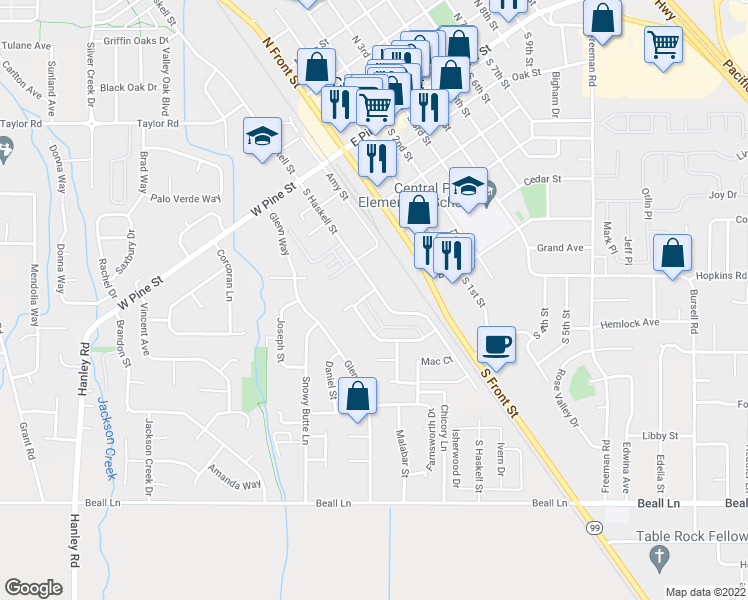 map of restaurants, bars, coffee shops, grocery stores, and more near 309 South Haskell Street in Central Point