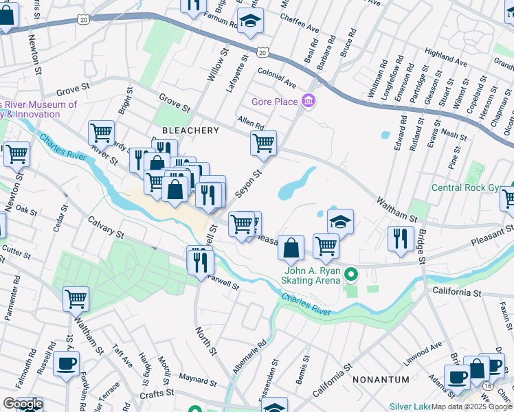 map of restaurants, bars, coffee shops, grocery stores, and more near 66 Seyon Street in Waltham