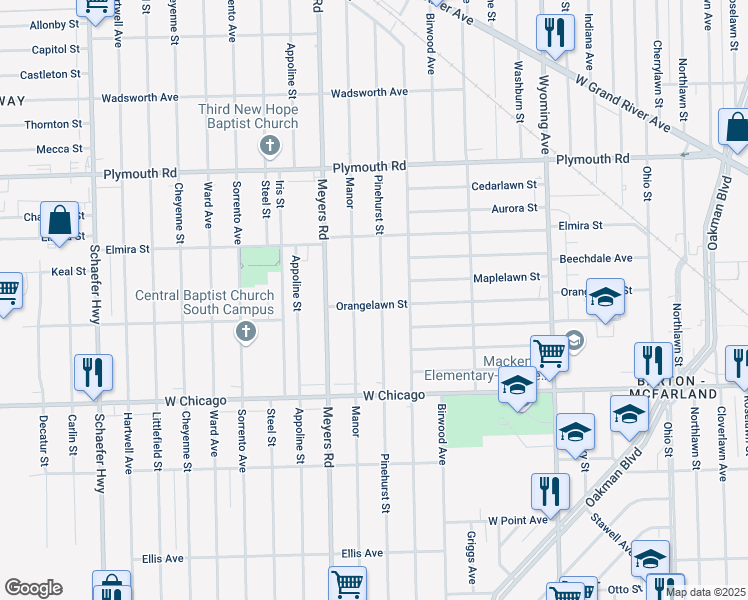 map of restaurants, bars, coffee shops, grocery stores, and more near 9903 Pinehurst Street in Detroit