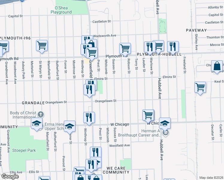 map of restaurants, bars, coffee shops, grocery stores, and more near 9979 Sussex Street in Detroit