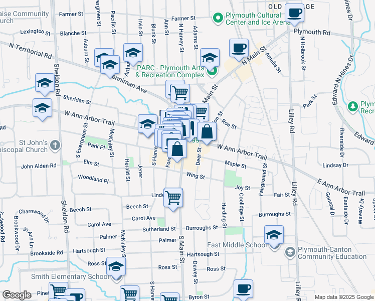 map of restaurants, bars, coffee shops, grocery stores, and more near 485 South Main Street in Plymouth