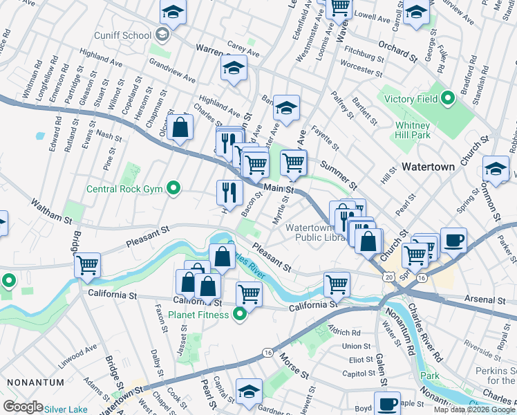 map of restaurants, bars, coffee shops, grocery stores, and more near 26 French Street in Watertown